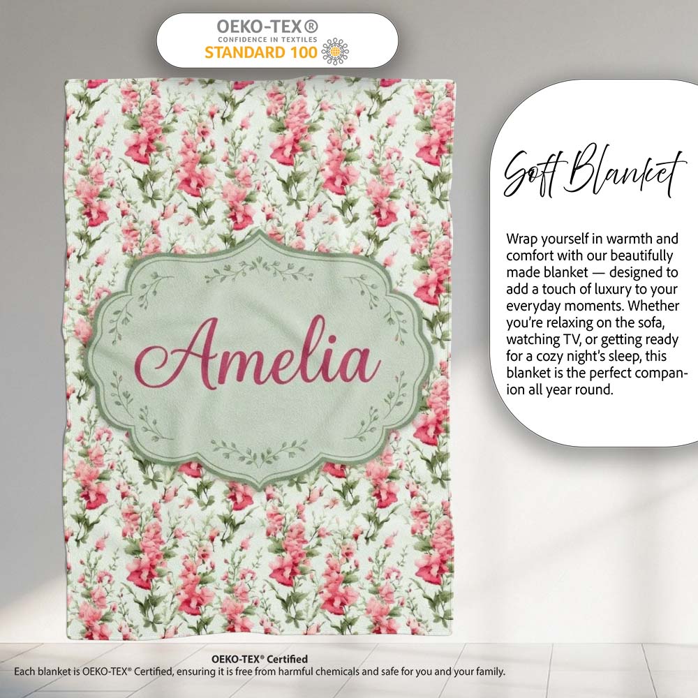 Soft Pink Floral Sprigs with Green Leaves Seamless Pattern Name Cute Personalised Custom Name Super Soft Fleece Blanket Bed Sofa Throw