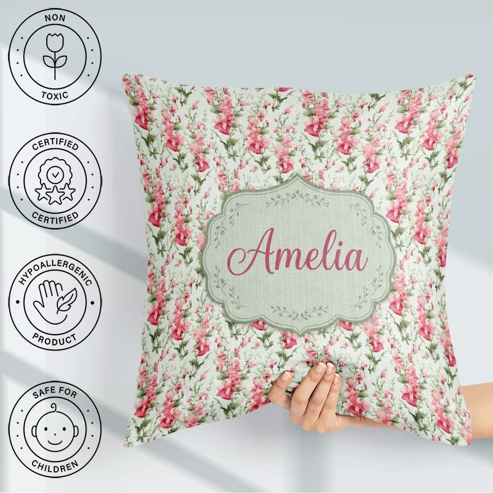 Custom Name Soft Pink Floral Sprigs with Green Pattern Name Cute Square Filled Cushion Throw Pillow Sofa Bed Home Decor Zip Washable UK Made