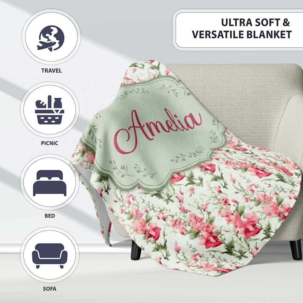 Soft Pink Floral Sprigs with Green Leaves Seamless Pattern Name Cute Personalised Custom Name Super Soft Fleece Blanket Bed Sofa Throw