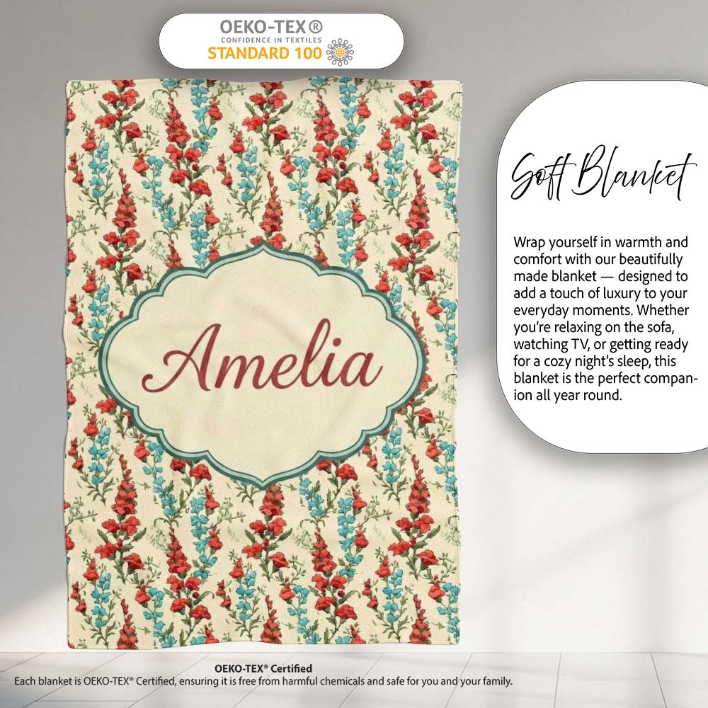 Vintage Red and Blue Floral Vines on Beige Background Seamless Personalised Custom Name Super Soft Fleece Blanket Bed Sofa Throw