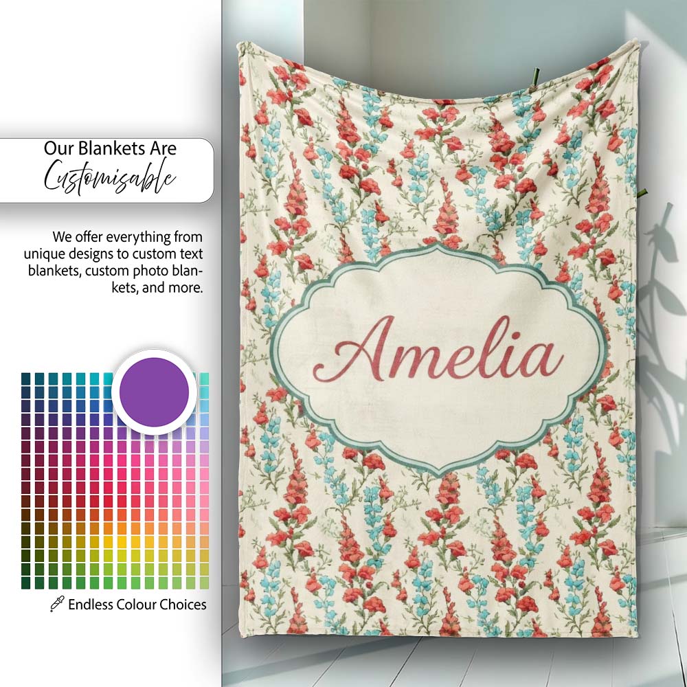 Vintage Red and Blue Floral Vines on Beige Background Seamless Personalised Custom Name Super Soft Fleece Blanket Bed Sofa Throw