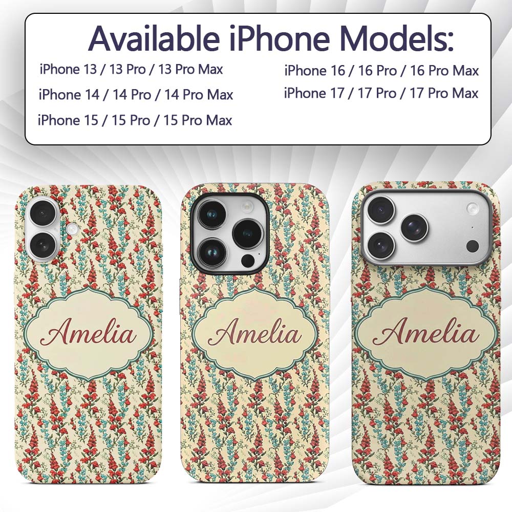 Vintage Red and Blue Floral Vines Printed Design Custom Name Protective Phone Case Mobile Cover Durable Everyday Smartphone Shock Resistant