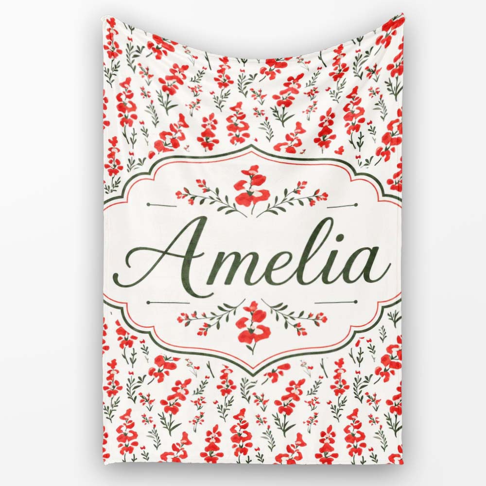 Minimal Red Floral Sprigs on Light Neutral Background Seamless Personalised Custom Name Super Soft Fleece Blanket Bed Sofa Throw