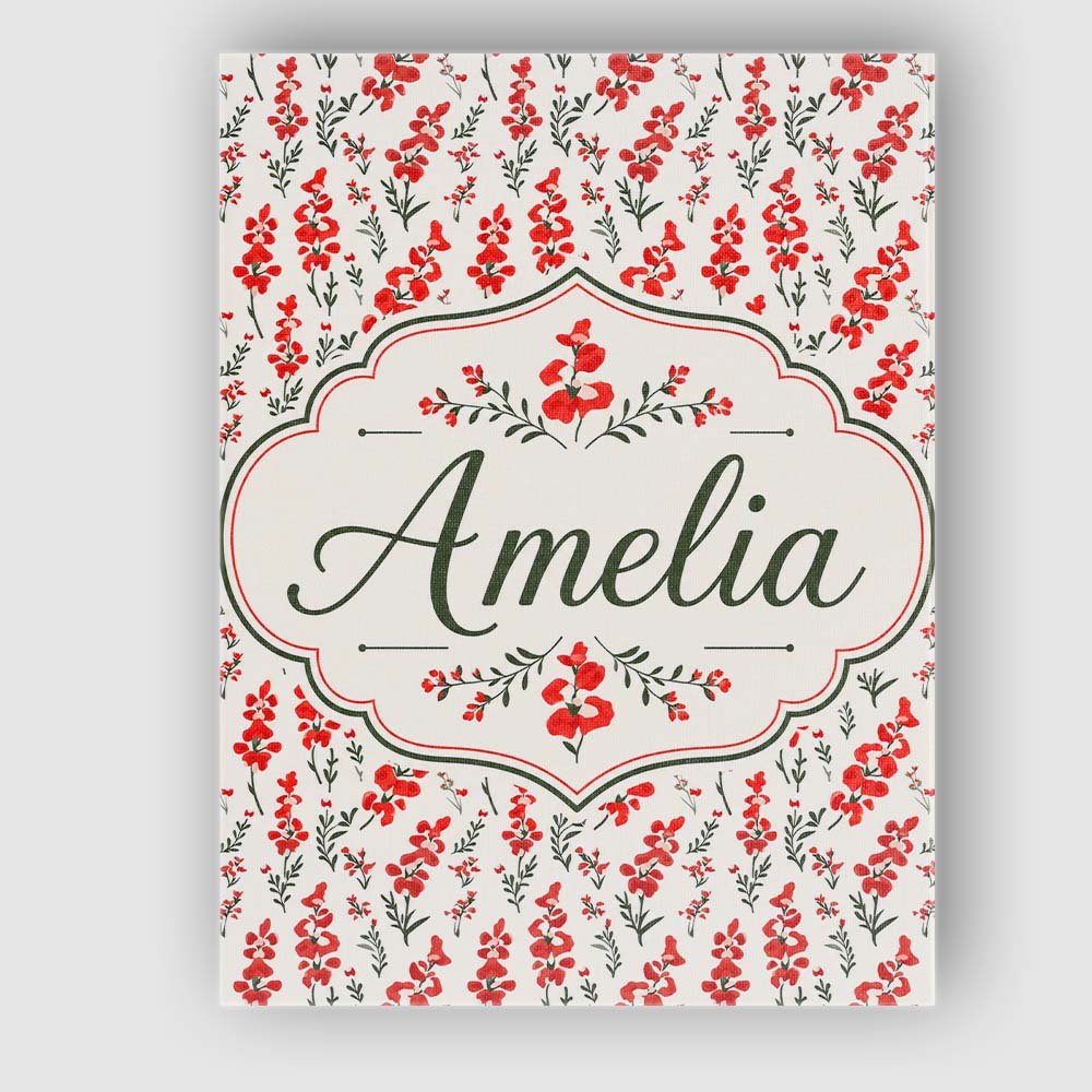 Personalised Name Minimal Red Floral Sprigs Custom Bespoke Interior Contemporary Canvas Wall Art Print Decor Picture Ready to Hang