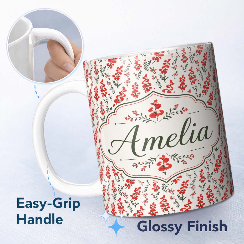 Personalized Custom Name Minimal Red Floral Sprigs on Light Neutral Background Seamless 11oz Ceramic Coffee Tea Mug White Large Handle