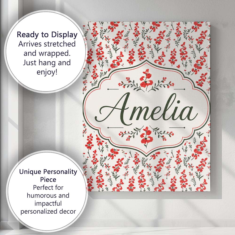 Personalised Name Minimal Red Floral Sprigs Custom Bespoke Interior Contemporary Canvas Wall Art Print Decor Picture Ready to Hang