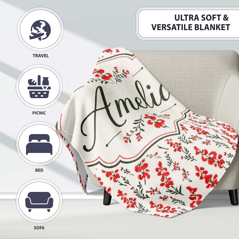 Minimal Red Floral Sprigs on Light Neutral Background Seamless Personalised Custom Name Super Soft Fleece Blanket Bed Sofa Throw