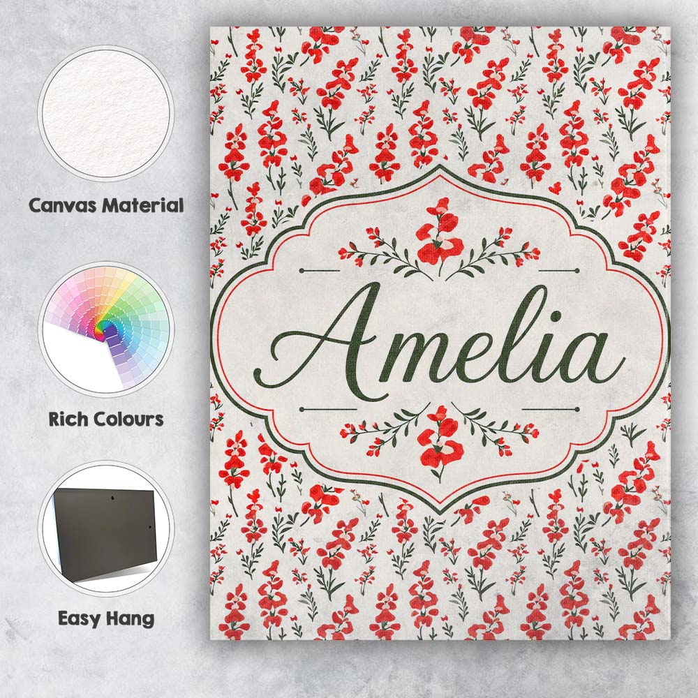Personalised Name Minimal Red Floral Sprigs Custom Bespoke Interior Contemporary Canvas Wall Art Print Decor Picture Ready to Hang