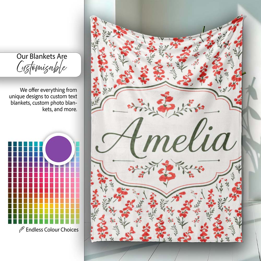 Minimal Red Floral Sprigs on Light Neutral Background Seamless Personalised Custom Name Super Soft Fleece Blanket Bed Sofa Throw