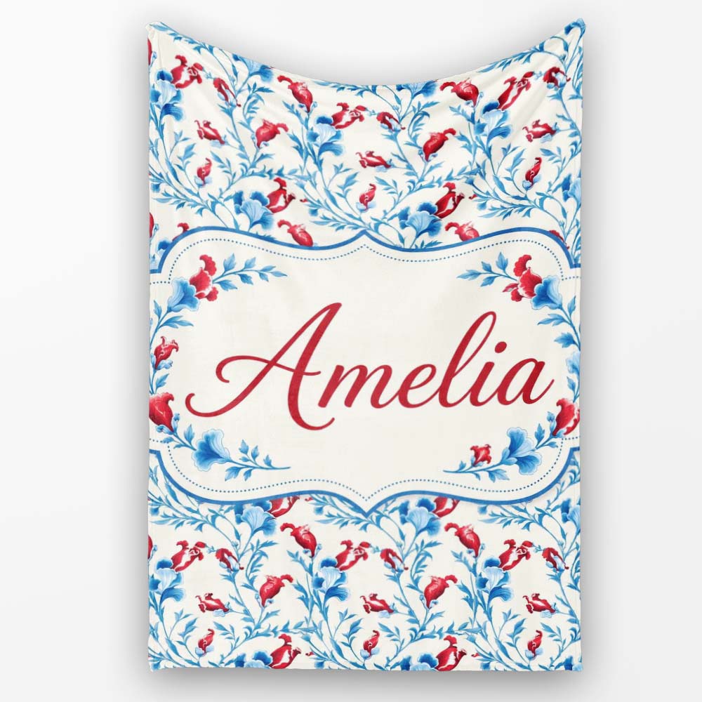 Elegant Blue Floral Vines with Red Accents Seamless Pattern Name Personalised Custom Name Super Soft Fleece Blanket Bed Sofa Throw