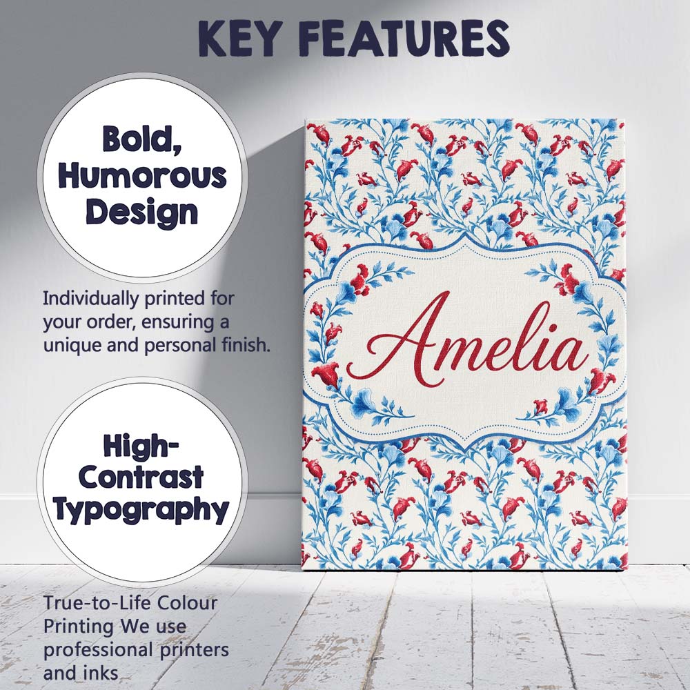 Personalised Name Elegant Blue Floral Vines Custom Bespoke Interior Contemporary Canvas Wall Art Print Decor Picture Ready to Hang