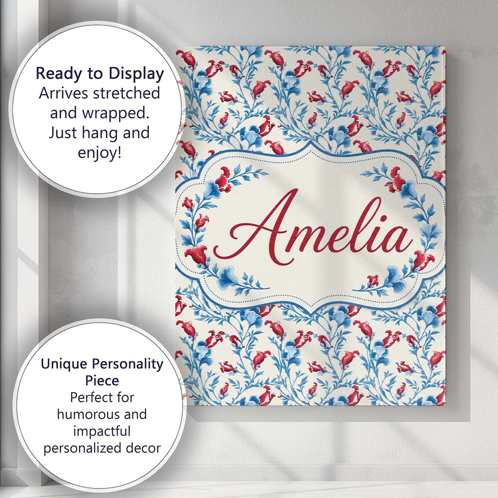 Personalised Name Elegant Blue Floral Vines Custom Bespoke Interior Contemporary Canvas Wall Art Print Decor Picture Ready to Hang