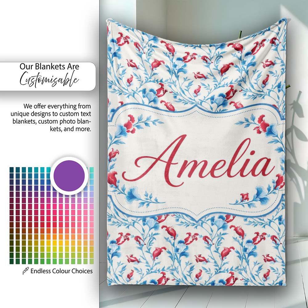 Elegant Blue Floral Vines with Red Accents Seamless Pattern Name Personalised Custom Name Super Soft Fleece Blanket Bed Sofa Throw