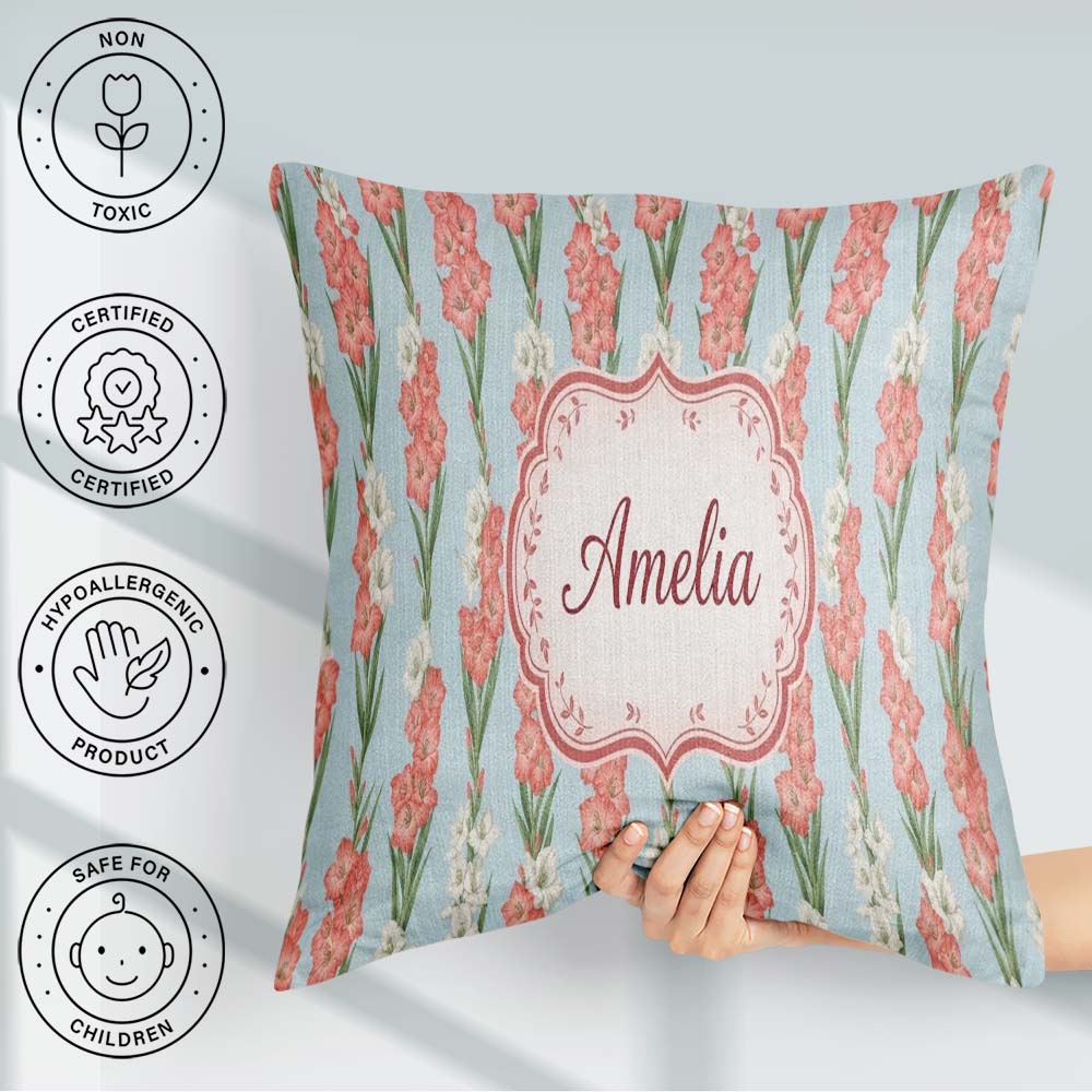 Custom Name Painterly Red White Floral Blooms on Teal Background Square Filled Cushion Throw Pillow Sofa Bed Home Decor Zip Washable UK Made