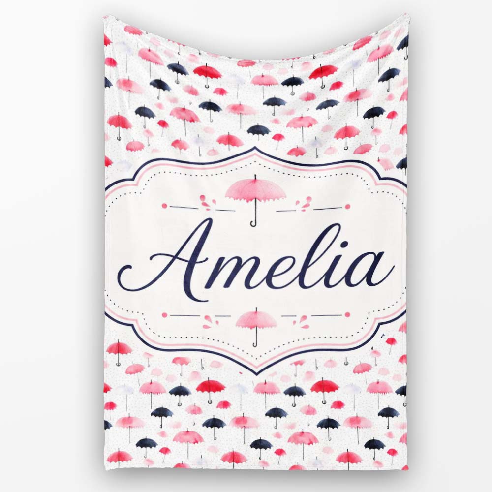 Cute Pink and Black Umbrellas on Polka Dot Background Seamless Personalised Custom Name Super Soft Fleece Blanket Bed Sofa Throw