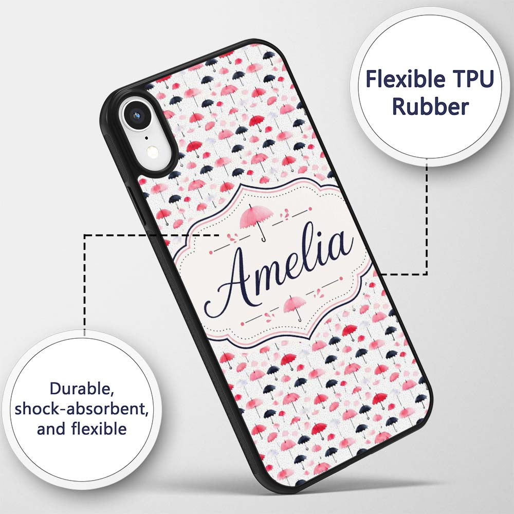 Cute Pink and Black Umbrellas on Printed Design Custom Name Protective Phone Case Mobile Cover Durable Everyday Smartphone Shock Resistant