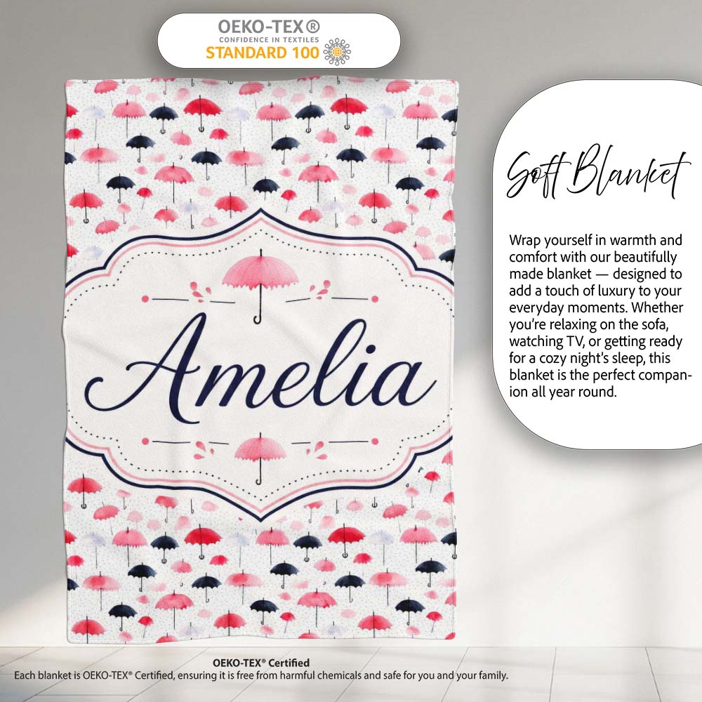 Cute Pink and Black Umbrellas on Polka Dot Background Seamless Personalised Custom Name Super Soft Fleece Blanket Bed Sofa Throw