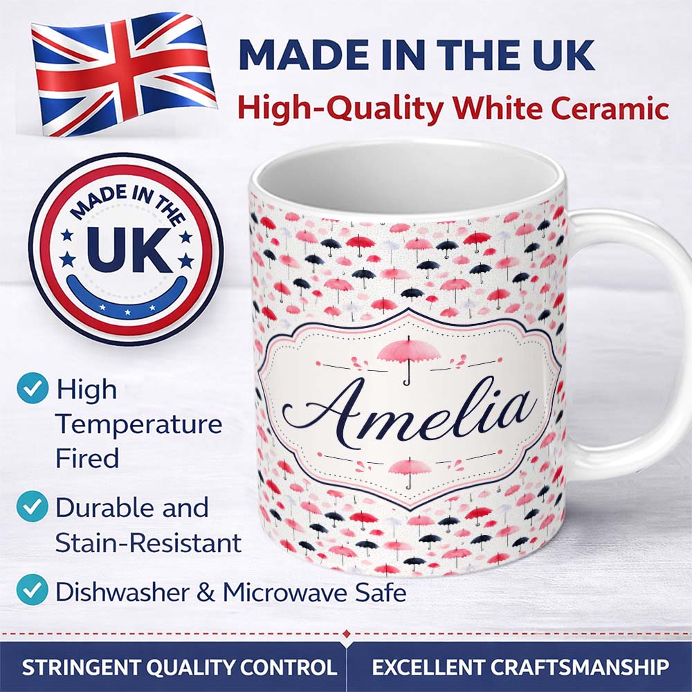 Personalized Custom Name Cute Pink and Black Umbrellas on Polka Dot Background Seamless 11oz Ceramic Coffee Tea Mug White Large Handle