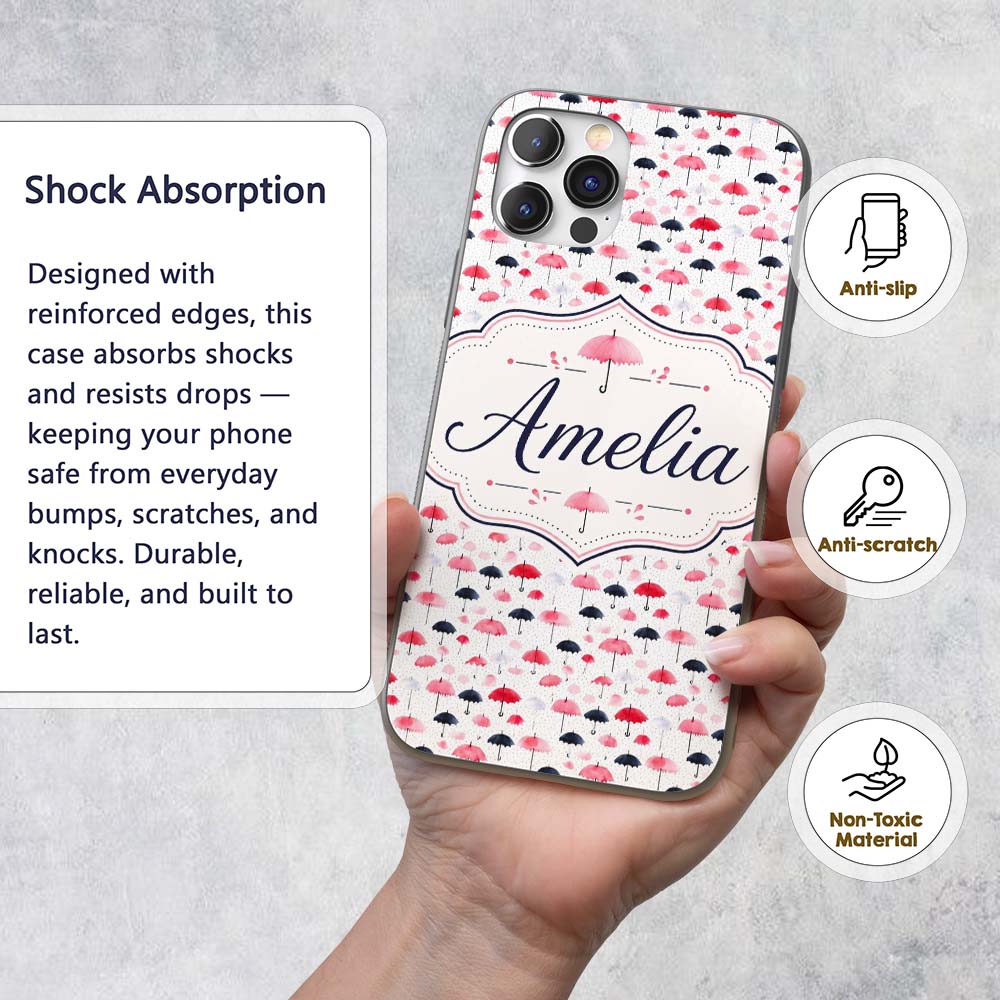 Cute Pink and Black Umbrellas on Printed Design Custom Name Protective Phone Case Mobile Cover Durable Everyday Smartphone Shock Resistant