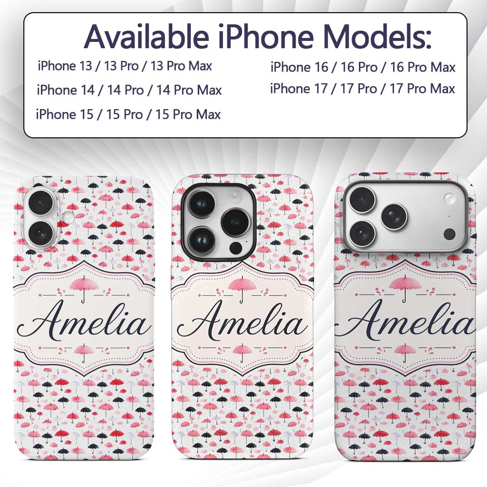 Cute Pink and Black Umbrellas on Printed Design Custom Name Protective Phone Case Mobile Cover Durable Everyday Smartphone Shock Resistant
