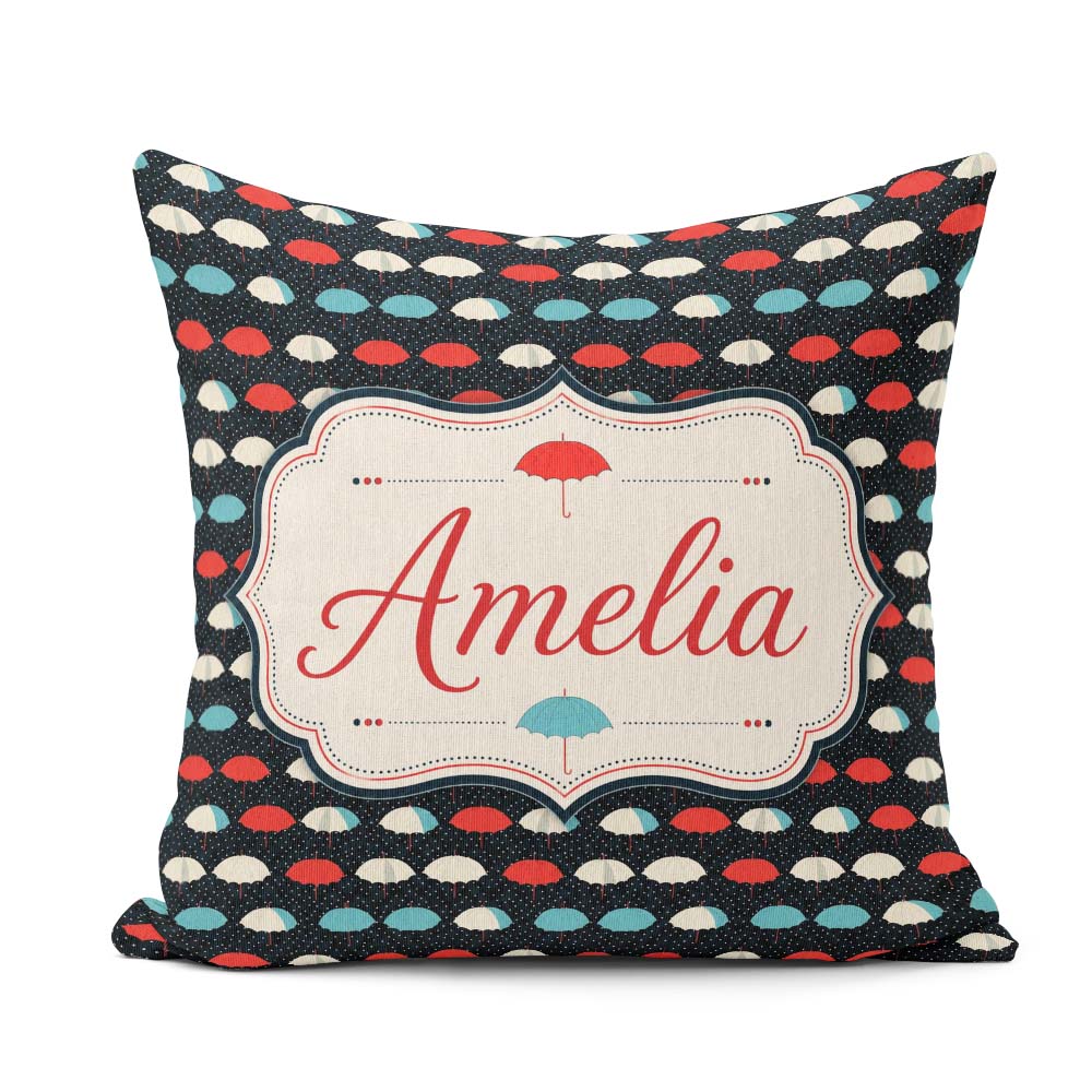 Custom Name Umbrella Rows on Dark Polka Background Seamless Name Square Filled Cushion Throw Pillow Sofa Bed Home Decor Zip Washable UK Made