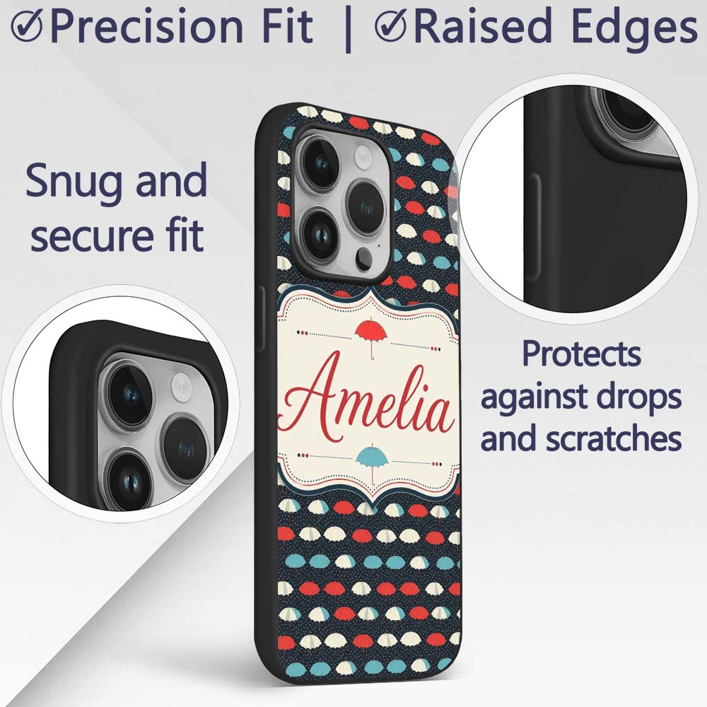 Umbrella Rows on Dark Polka Dot Printed Design Custom Name Protective Phone Case Mobile Cover Durable Everyday Smartphone Shock Resistant