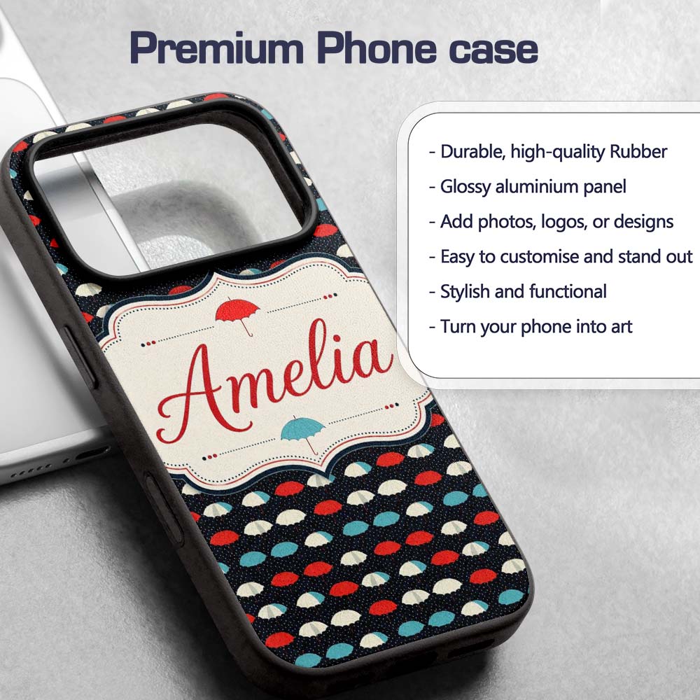 Umbrella Rows on Dark Polka Dot Printed Design Custom Name Protective Phone Case Mobile Cover Durable Everyday Smartphone Shock Resistant