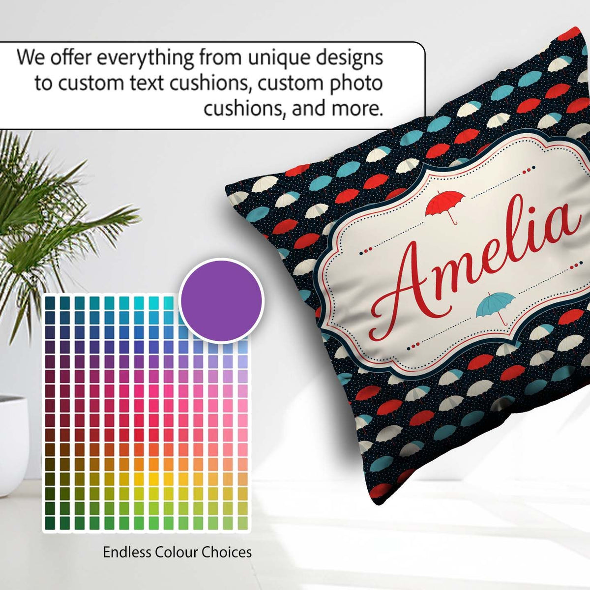 Custom Name Umbrella Rows on Dark Polka Background Seamless Name Square Filled Cushion Throw Pillow Sofa Bed Home Decor Zip Washable UK Made
