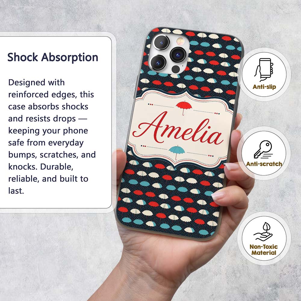 Umbrella Rows on Dark Polka Dot Printed Design Custom Name Protective Phone Case Mobile Cover Durable Everyday Smartphone Shock Resistant