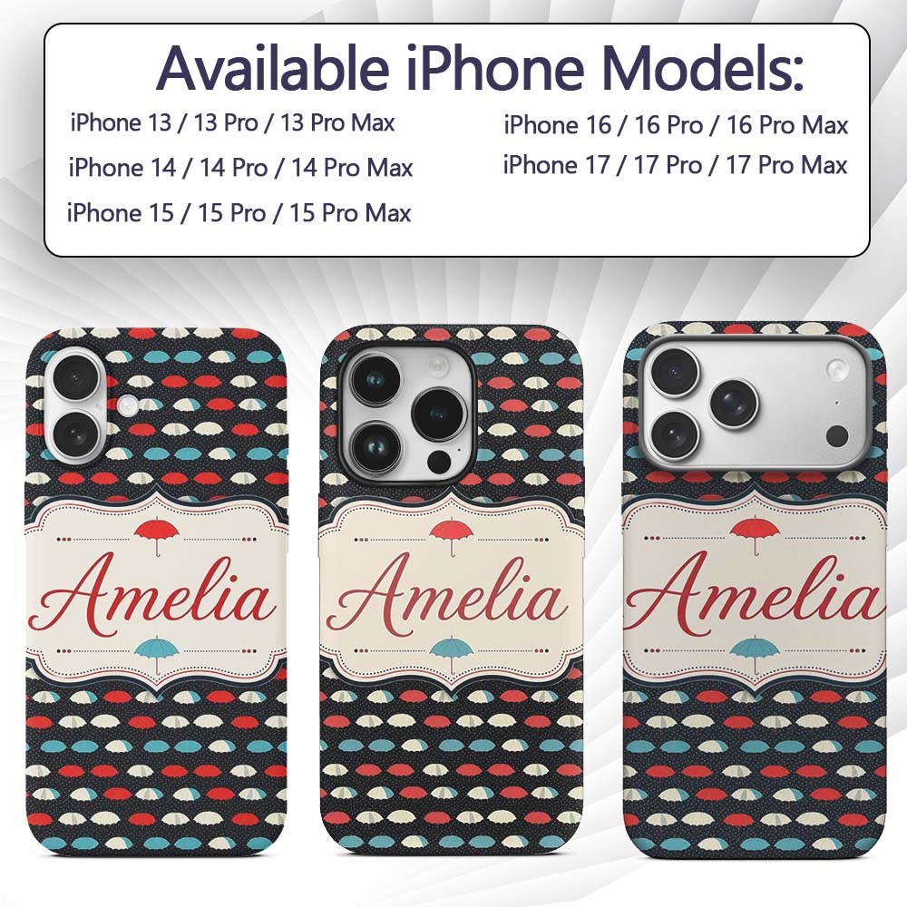 Umbrella Rows on Dark Polka Dot Printed Design Custom Name Protective Phone Case Mobile Cover Durable Everyday Smartphone Shock Resistant