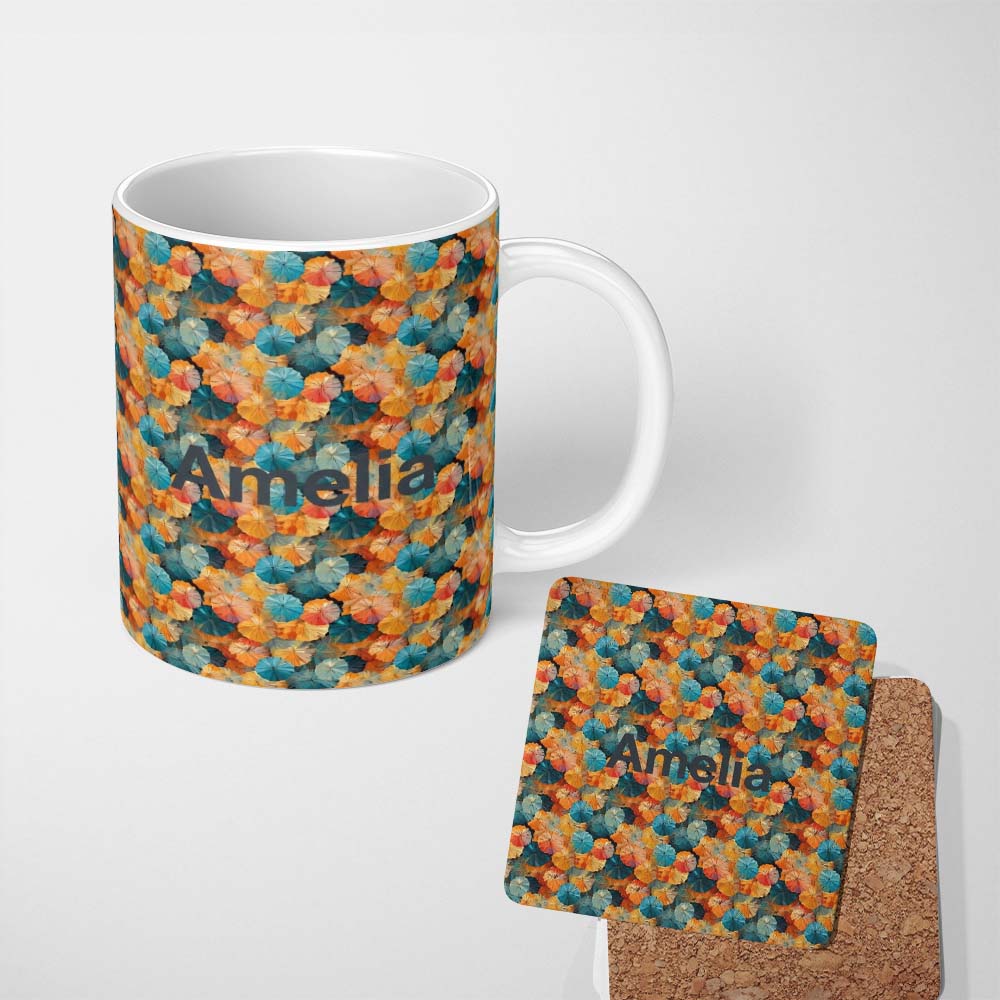 Personalized Custom Name Colorful Overlapping Paper Umbrellas in Warm Orange and Teal 11oz Ceramic Coffee Tea Mug White Large Handle