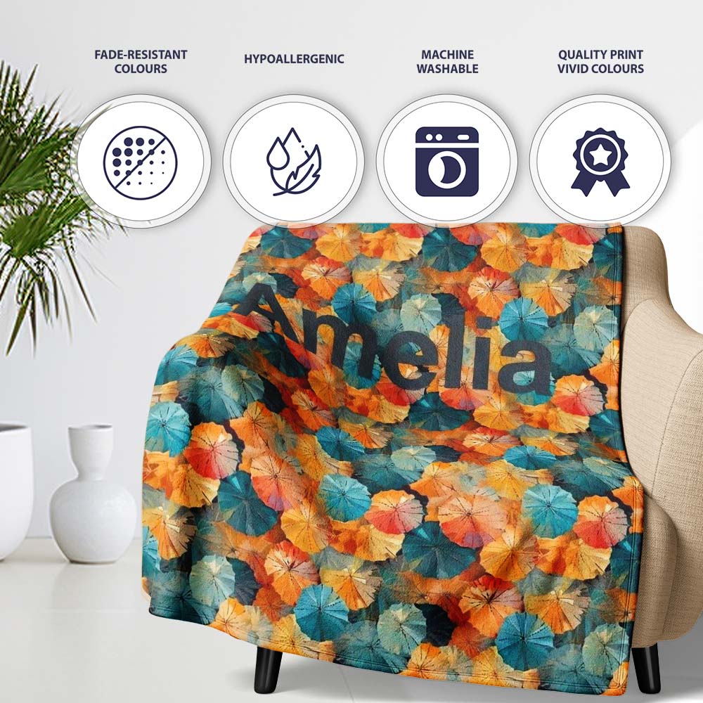 Colorful Overlapping Paper Umbrellas in Warm Orange and Teal Personalised Custom Name Super Soft Fleece Blanket Bed Sofa Throw