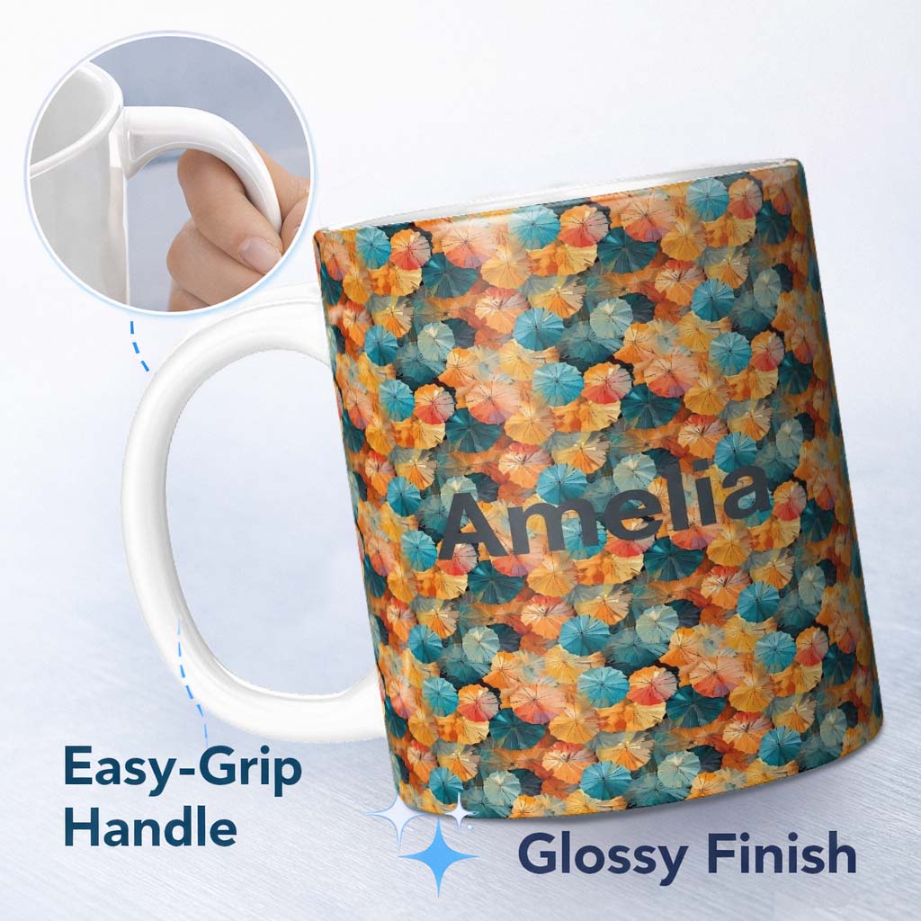 Personalized Custom Name Colorful Overlapping Paper Umbrellas in Warm Orange and Teal 11oz Ceramic Coffee Tea Mug White Large Handle