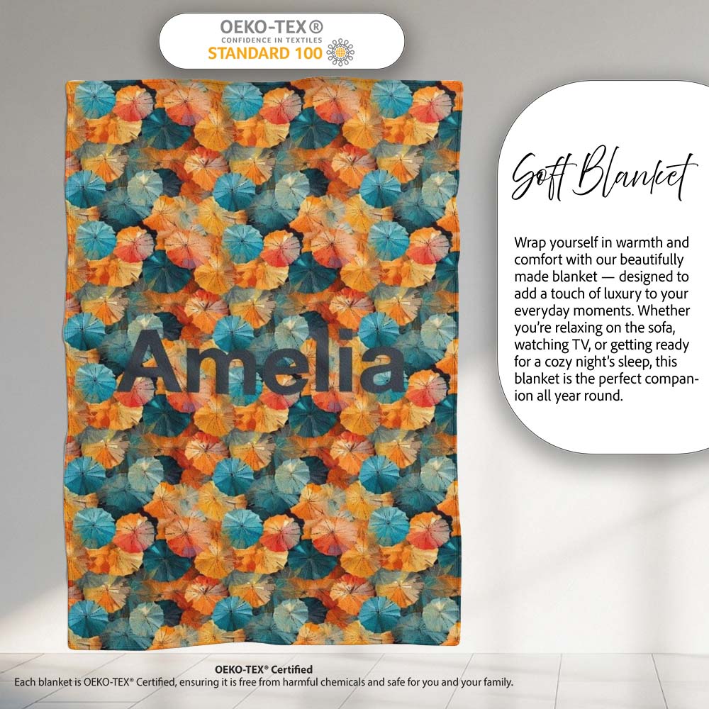 Colorful Overlapping Paper Umbrellas in Warm Orange and Teal Personalised Custom Name Super Soft Fleece Blanket Bed Sofa Throw