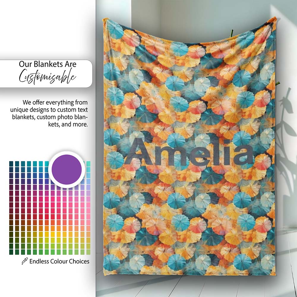 Colorful Overlapping Paper Umbrellas in Warm Orange and Teal Personalised Custom Name Super Soft Fleece Blanket Bed Sofa Throw