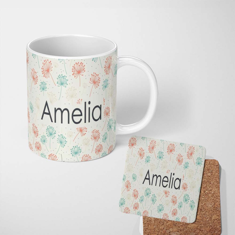 Personalized Custom Name Soft Pastel Umbrellas with Vintage Speckled Background Seamless 11oz Ceramic Coffee Tea Mug White Large Handle