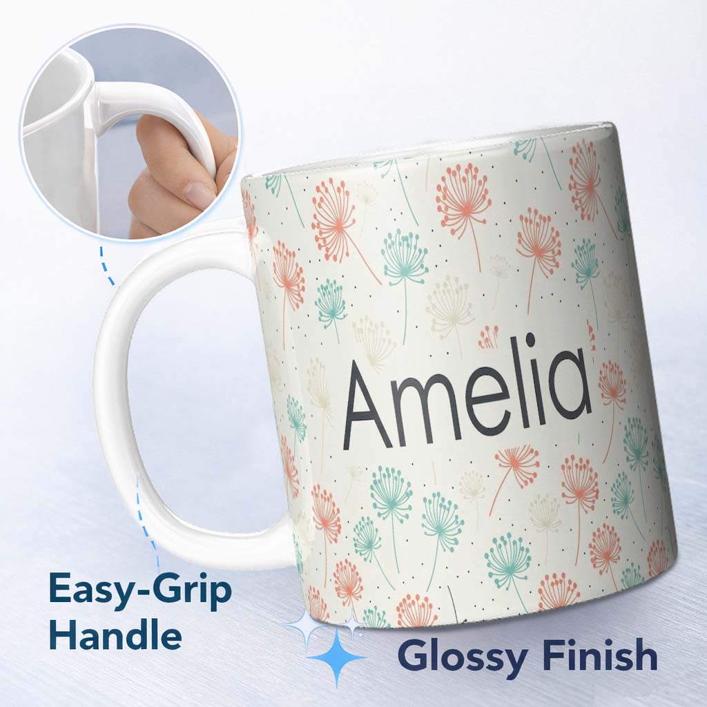 Personalized Custom Name Soft Pastel Umbrellas with Vintage Speckled Background Seamless 11oz Ceramic Coffee Tea Mug White Large Handle