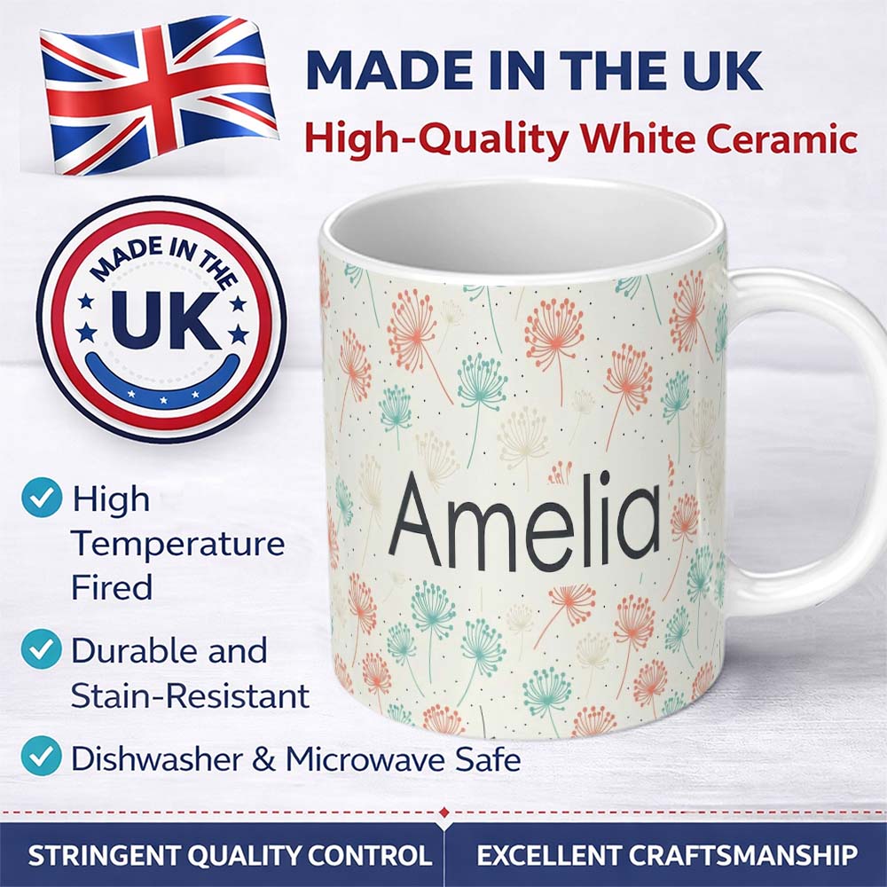 Personalized Custom Name Soft Pastel Umbrellas with Vintage Speckled Background Seamless 11oz Ceramic Coffee Tea Mug White Large Handle
