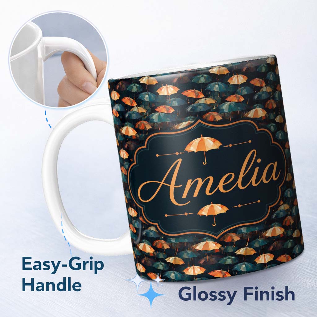 Personalized Custom Name Moody Dark Umbrella Crowd in Rainy Night Seamless Pattern Custom 11oz Ceramic Coffee Tea Mug White Large Handle