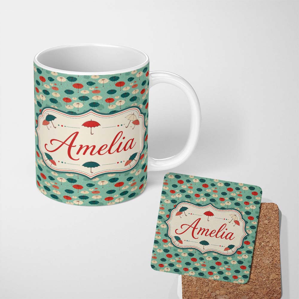 Personalized Custom Name Umbrella Pattern on Teal Background with Polka Dots Seamless Name 11oz Ceramic Coffee Tea Mug White Large Handle