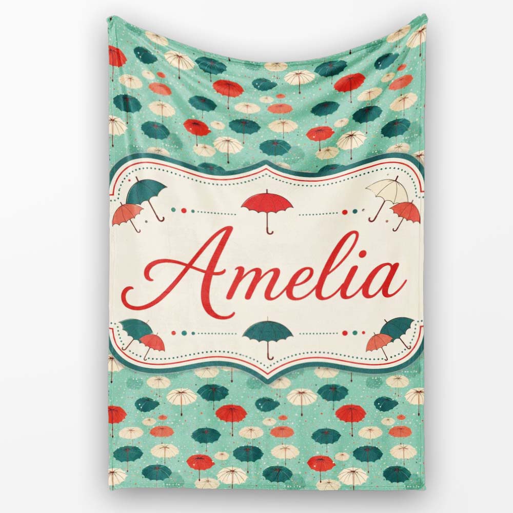 Umbrella Pattern on Teal Background with Polka Dots Seamless Name Personalised Custom Name Super Soft Fleece Blanket Bed Sofa Throw