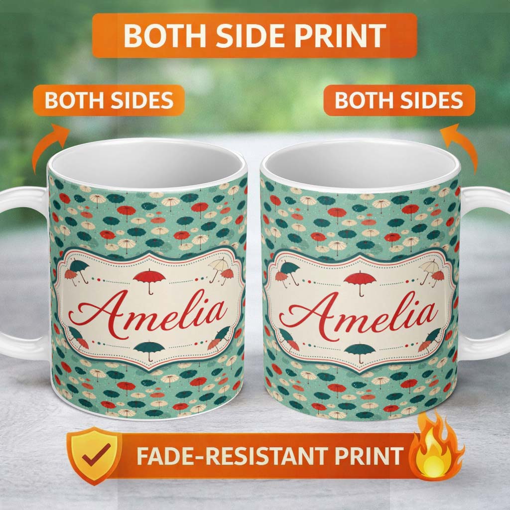 Personalized Custom Name Umbrella Pattern on Teal Background with Polka Dots Seamless Name 11oz Ceramic Coffee Tea Mug White Large Handle