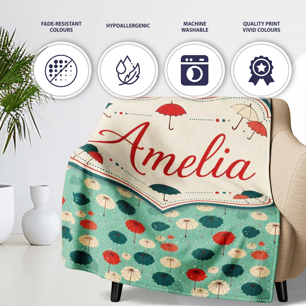 Umbrella Pattern on Teal Background with Polka Dots Seamless Name Personalised Custom Name Super Soft Fleece Blanket Bed Sofa Throw