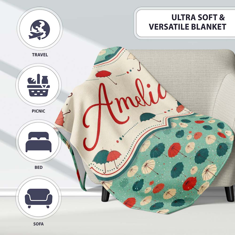 Umbrella Pattern on Teal Background with Polka Dots Seamless Name Personalised Custom Name Super Soft Fleece Blanket Bed Sofa Throw