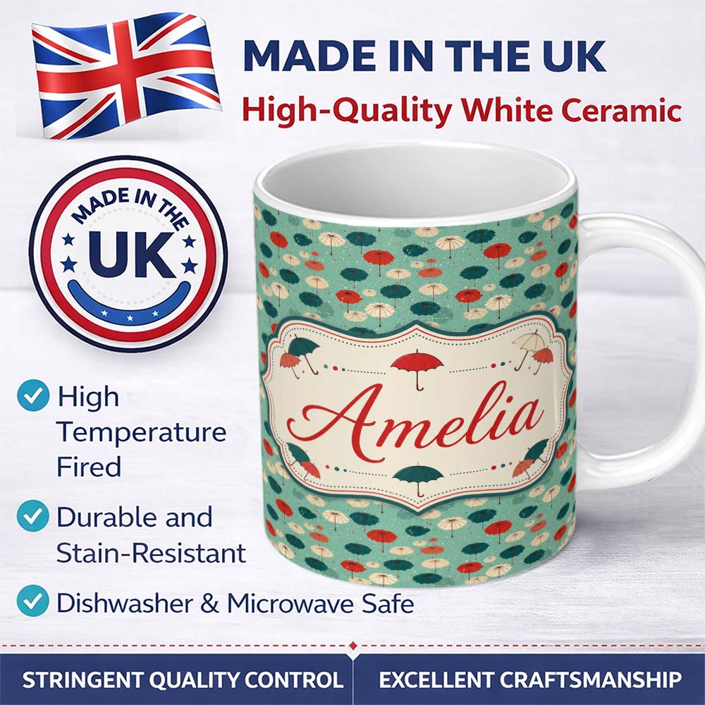 Personalized Custom Name Umbrella Pattern on Teal Background with Polka Dots Seamless Name 11oz Ceramic Coffee Tea Mug White Large Handle