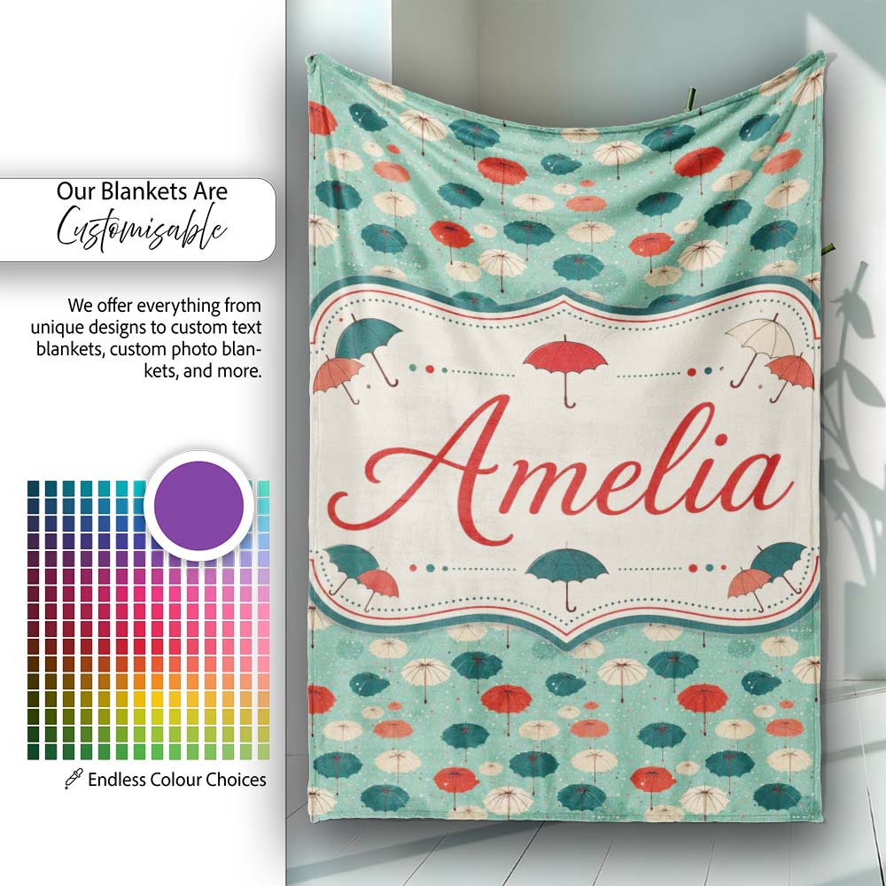 Umbrella Pattern on Teal Background with Polka Dots Seamless Name Personalised Custom Name Super Soft Fleece Blanket Bed Sofa Throw