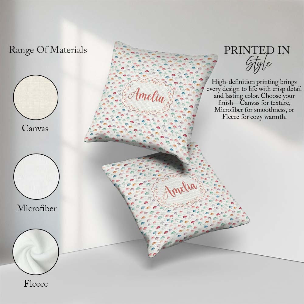 Custom Name Delicate Mini Umbrellas on Light Background Seamless Square Filled Cushion Throw Pillow Sofa Bed Home Decor Zip Washable UK Made