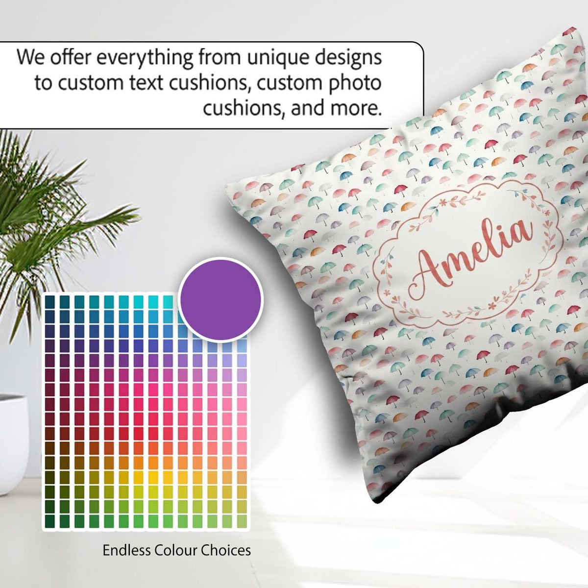 Custom Name Delicate Mini Umbrellas on Light Background Seamless Square Filled Cushion Throw Pillow Sofa Bed Home Decor Zip Washable UK Made