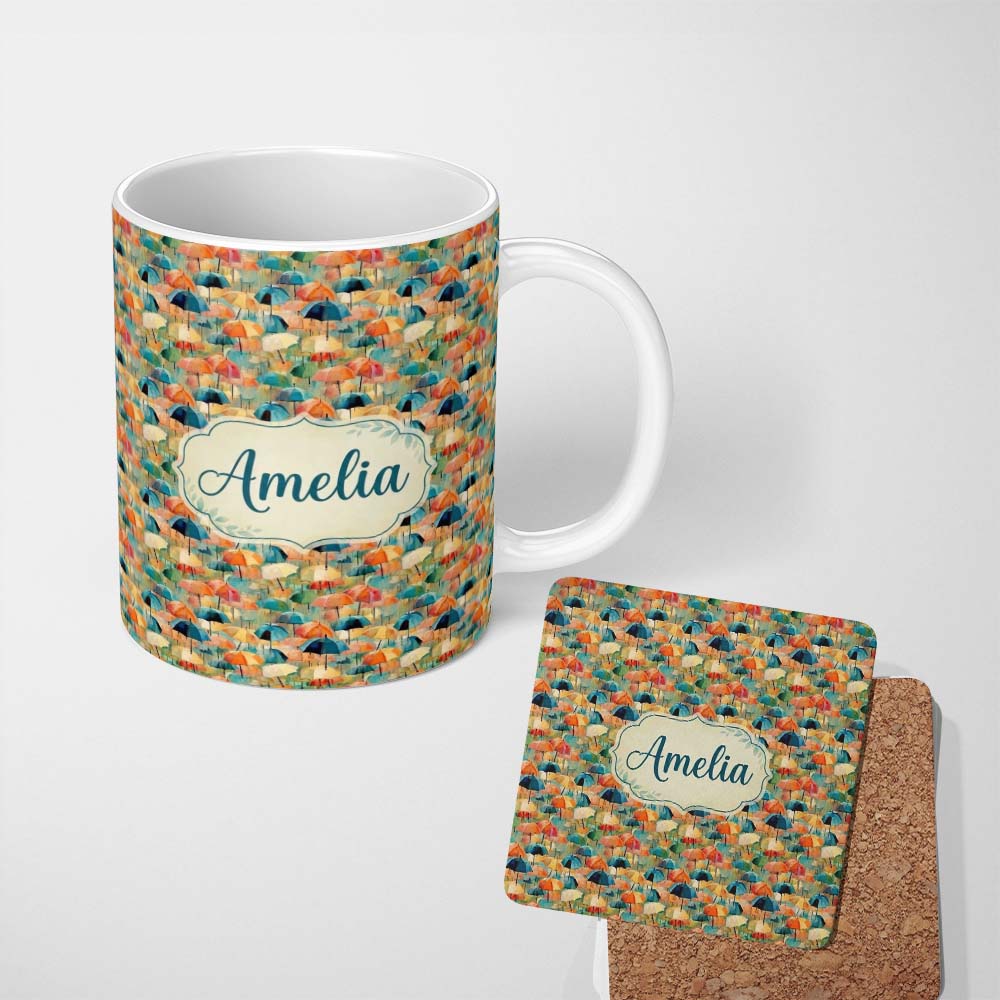 Personalized Custom Name Painterly Umbrella Scene with Soft Blended Colors Seamless Pattern 11oz Ceramic Coffee Tea Mug White Large Handle
