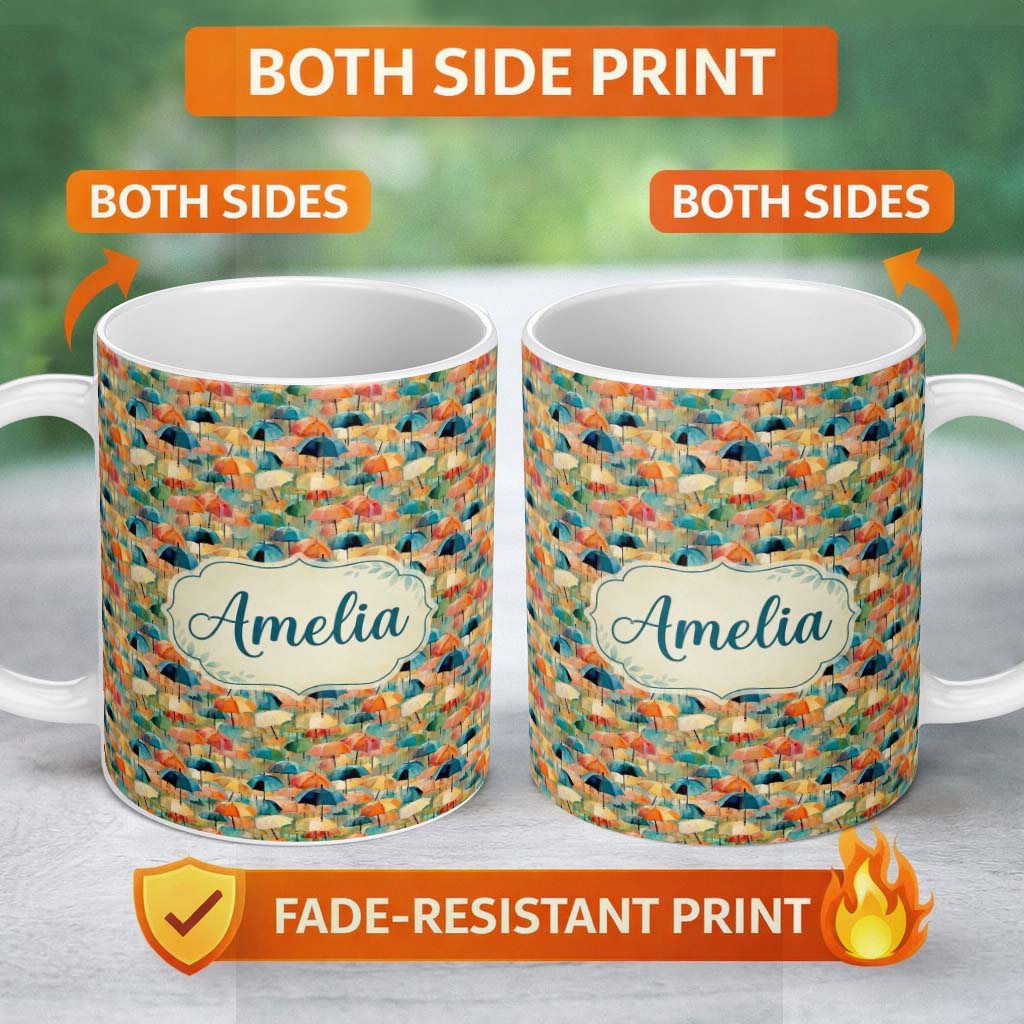 Personalized Custom Name Painterly Umbrella Scene with Soft Blended Colors Seamless Pattern 11oz Ceramic Coffee Tea Mug White Large Handle
